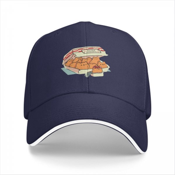 Black baseball cap with kitten nuggets takeout box graphic