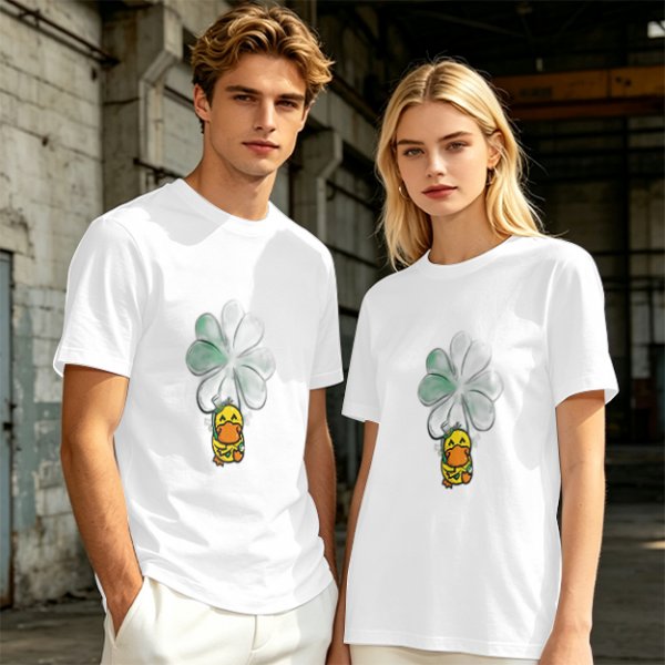 Olive T-shirt with Cute Duck Holding Four-Leaf Clover Print
