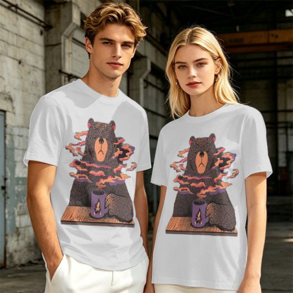 Olive T-Shirt With A Bear Holding A Campfire Mug Design