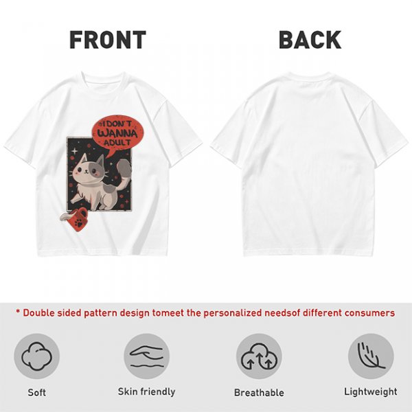 Olive cat graphic t-shirt with 'I don't wanna adult' print