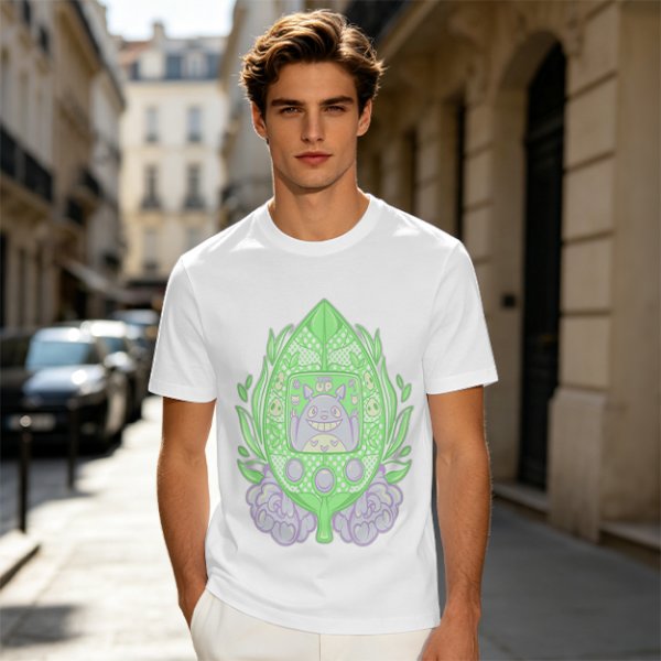 Olive Green T-Shirt With Leaf Shaped Tamagotchi Totoro Print