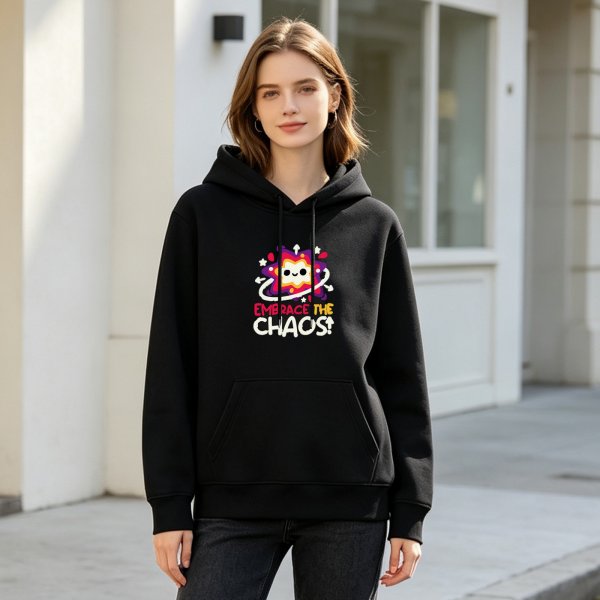Black hoodie with 'Embrace the Chaos' and cute star graphic