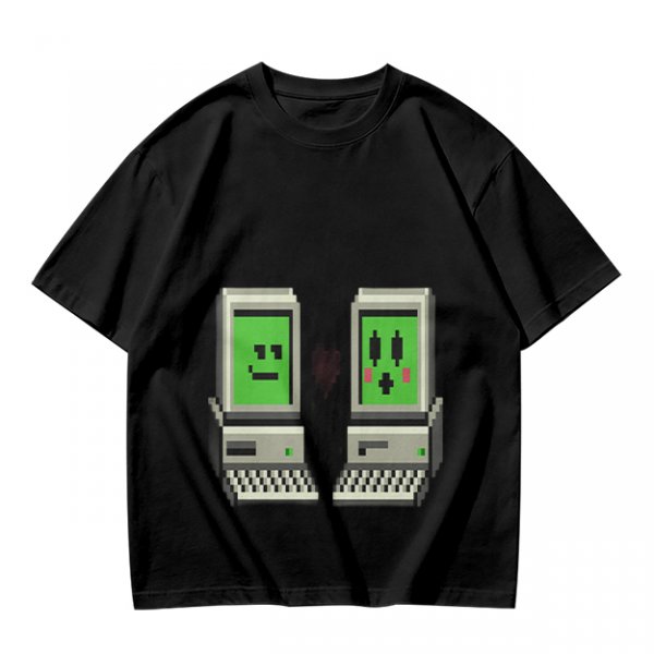 Olive T-shirt with pixel art retro computer characters print