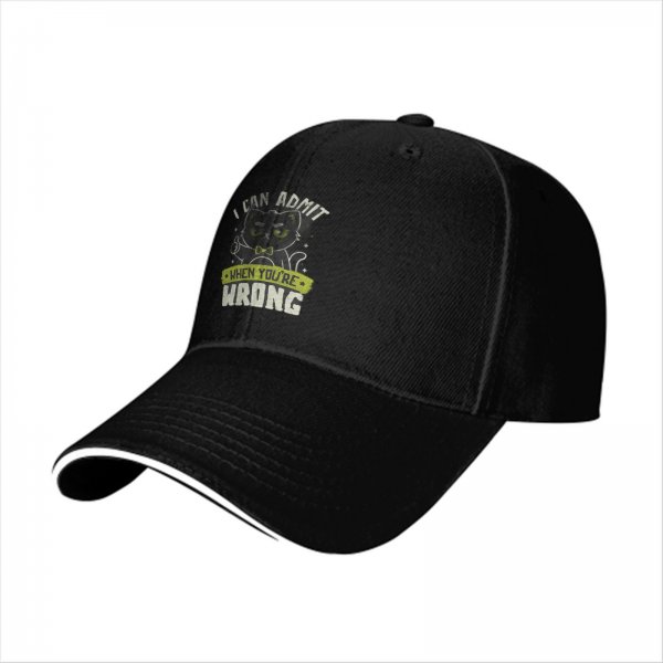 Black baseball cap with funny admitting wrong cat graphic