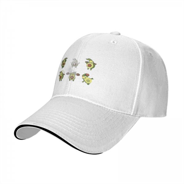 Black baseball cap with cartoon fitness avocado illustrations