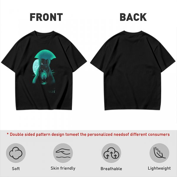 Olive T-Shirt With Glowing Teal Mushroom Creature And Moon Print