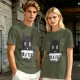Olive graphic t-shirt with black cat holding 'for a year or two' text