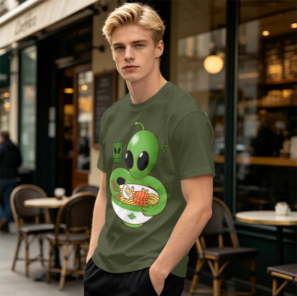 Olive Green T-Shirt With Cute Alien Eating Ramen Graphic