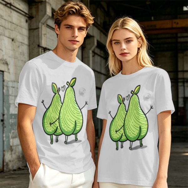 Olive Green T-Shirt With Two Cartoon Pears In Love Graphic