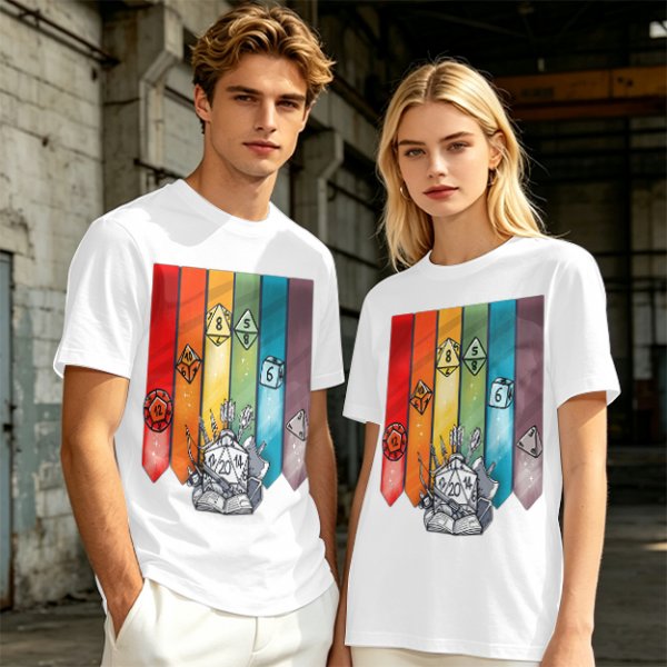 Dungeons and Dragons Polyhedral Dice Rainbow Graphic T-Shirt