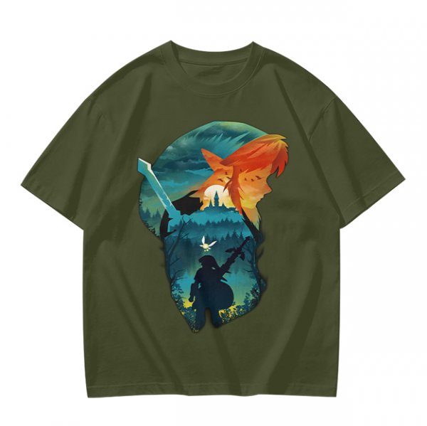 Olive green t-shirt with fantasy warrior silhouette graphic