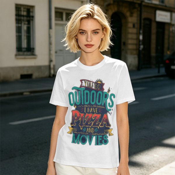 Olive Graphic T-Shirt With 'You Go Outdoors I Have Pizza And Movies' Print