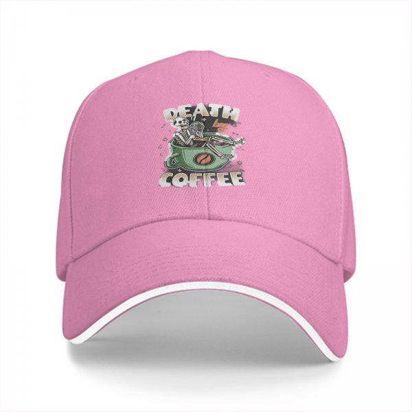 Black Baseball Cap With 'Death By Coffee' Skeleton Graphic