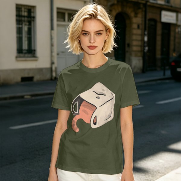 Olive T-Shirt With Whimsical Cat Mug Graphic Print