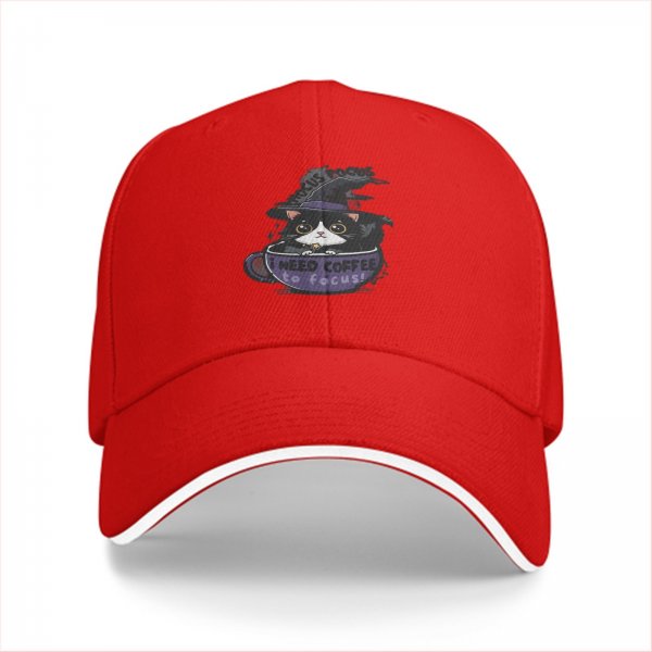 Black baseball cap with witch cat coffee cup 'I need coffee to focus' print