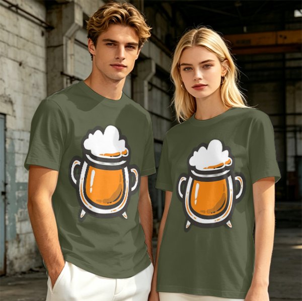 Olive Green T-Shirt With Stylized Beer Mug Graphic Print