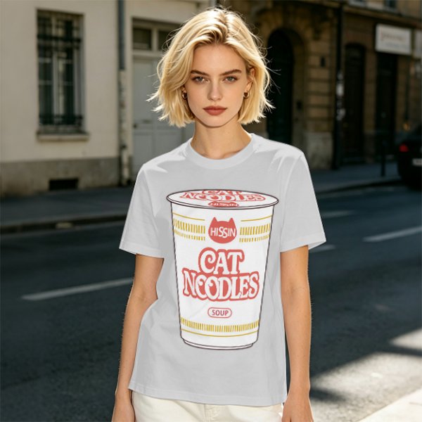 Olive T-shirt with Cat Noodles Cup Print