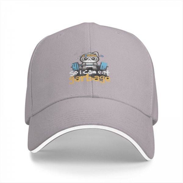 Black baseball cap with raccoon lifting weights and 'so i can eat garbage' text