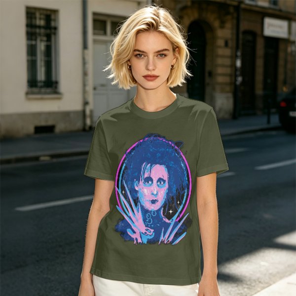 Olive T-Shirt With Neon Edward Scissorhands Portrait Print