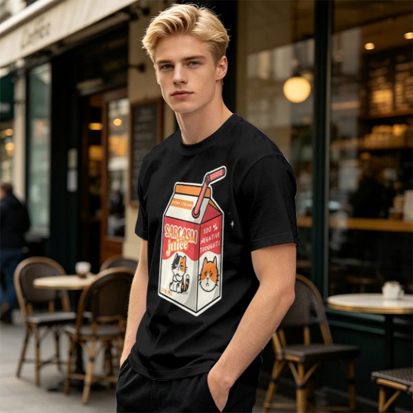 Olive green t-shirt with sarcasm juice carton and grumpy cat print