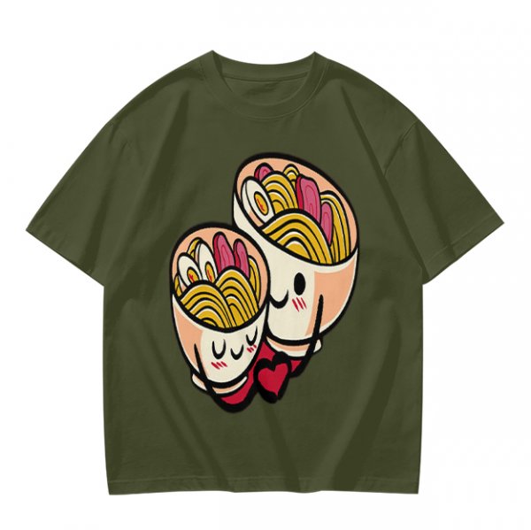 Olive T-Shirt With Cute Hugging Ramen Bowl Couple Print
