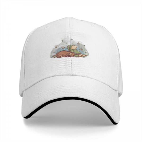 Black baseball cap with whimsical sleeping character and butterfly print