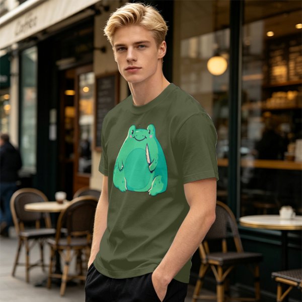Olive Green T-Shirt With Cute Frog Holding Knife Graphic
