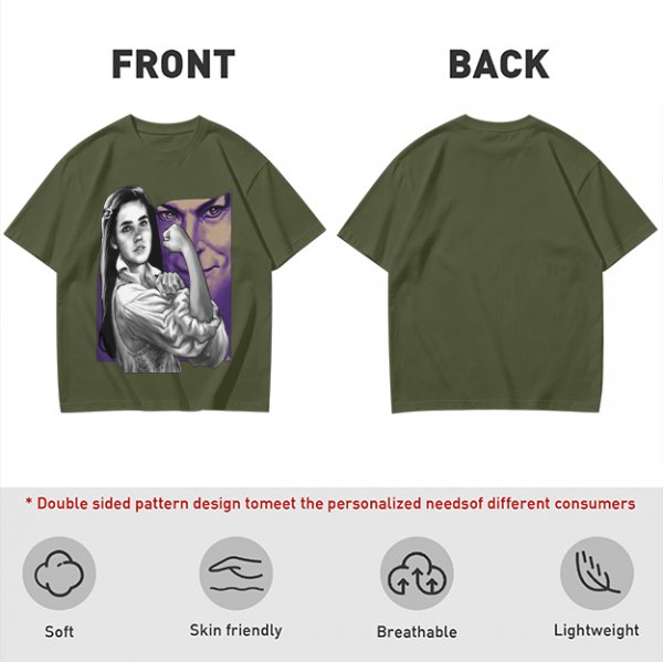 Olive T-shirt with vintage woman flexing arm graphic print