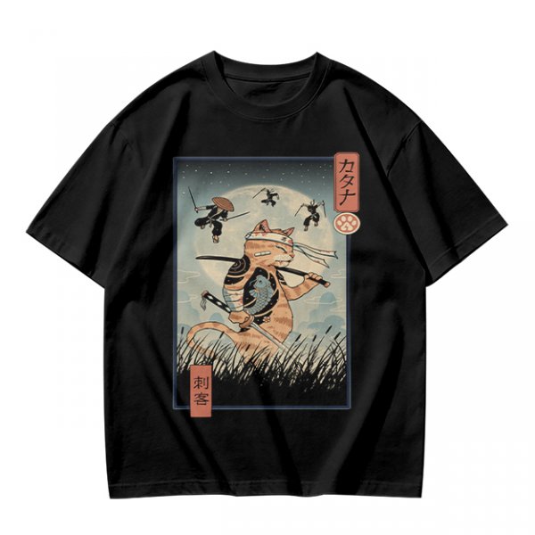 Samurai Cat Fighting Ninjas Ukiyo-e Style Graphic T-Shirt