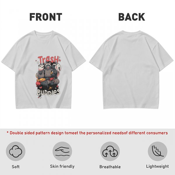 Olive green t-shirt with Trash Buddies raccoon possum and skunk graphic