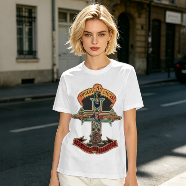 Olive graphic t-shirt with swords n sorcery appetite for sacrifice cross design