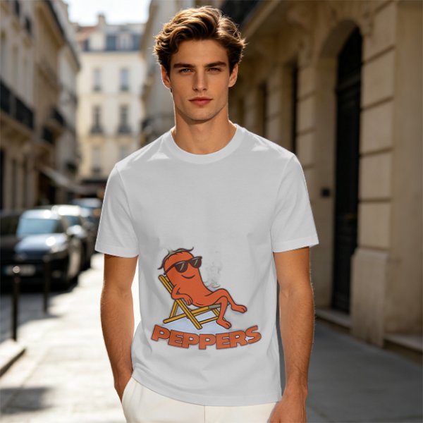 Olive T-shirt with Relaxed Cartoon Chili Pepper Wearing Sunglasses and Peppers Text
