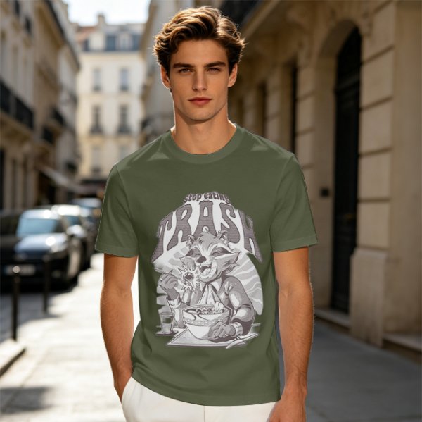 Olive graphic t-shirt with raccoon eating and 'Stop eating TRASH' print