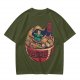 Olive T-shirt with Samurai Cat Surfing Ramen Bowl Art