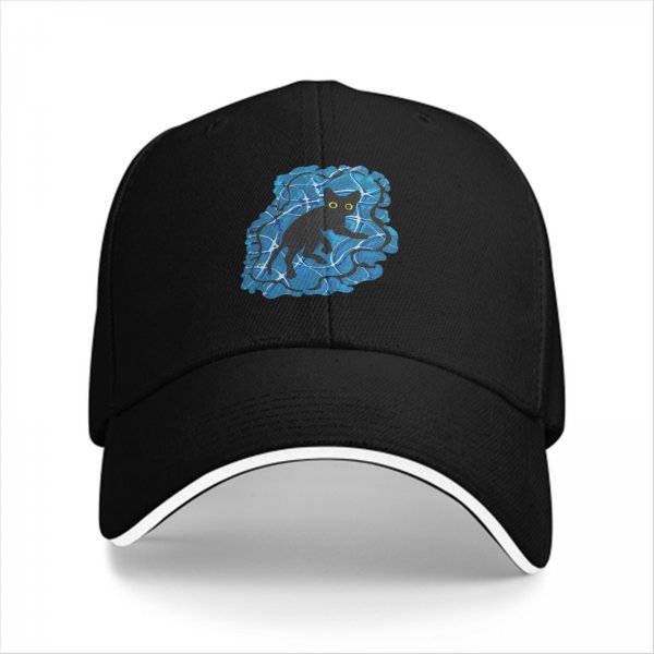 Black Baseball Cap With Playful Black Cat On Blue Abstract Background