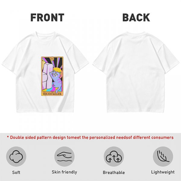 Olive green t-shirt with three-eyed cat couch killer tarot-style graphic