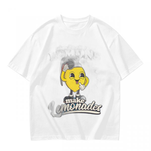 Olive green t-shirt with cheerful lemon mascot graphic and make lemonades text