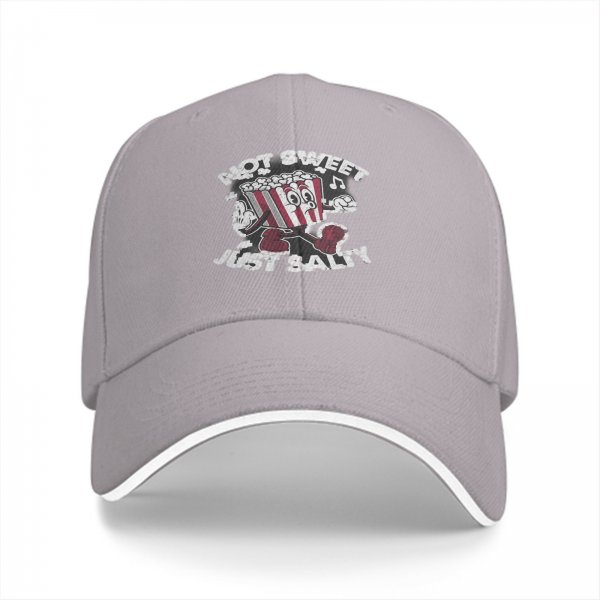 Black baseball cap with 'Not Sweet Just Salty' dancing popcorn graphic