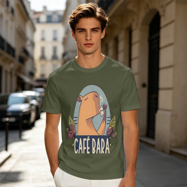 Olive t-shirt with capybara drinking coffee graphic