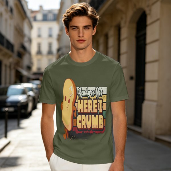 Olive graphic tee with playful bread character and 'Ready or Not Here I Crumb' text