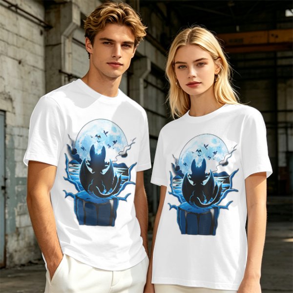 Olive T-Shirt Featuring Dragon Silhouette Under Full Moon