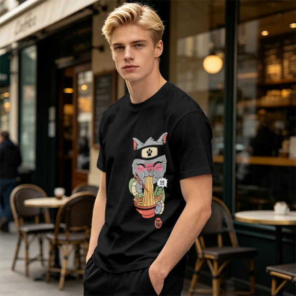 Olive green t-shirt with a ninja cat eating ramen graphic