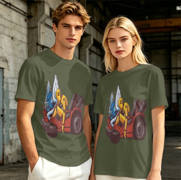 Olive T-Shirt With Cartoon Robot And Winged Vehicle Graphic