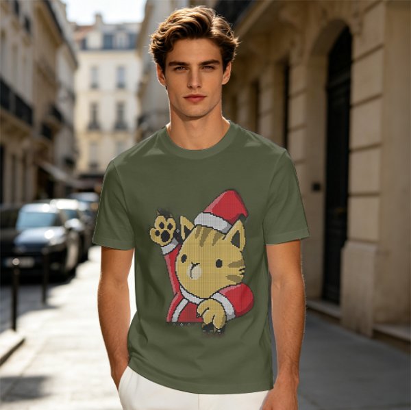 Olive Green T-Shirt With Waving Christmas Cat Graphic