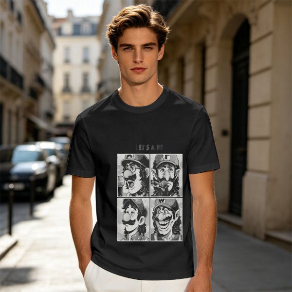 Olive T-Shirt with Retro Mario Brother Character Grid Art
