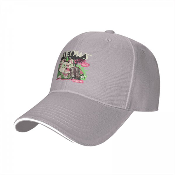 Black baseball cap with punk rock cat graphic design