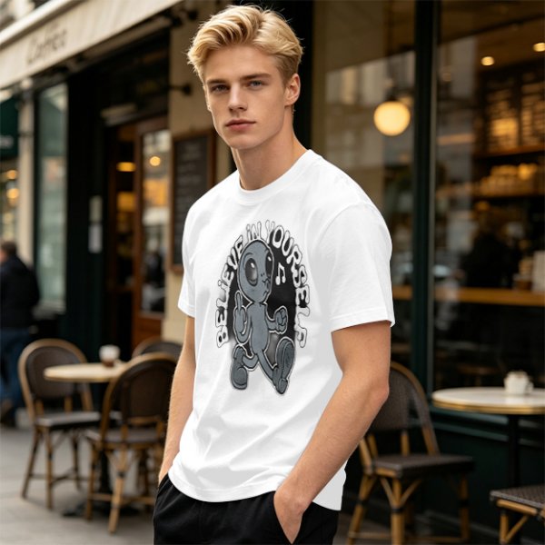 Oversized Olive T-Shirt With Alien 'Believe In Yourself' Graphic