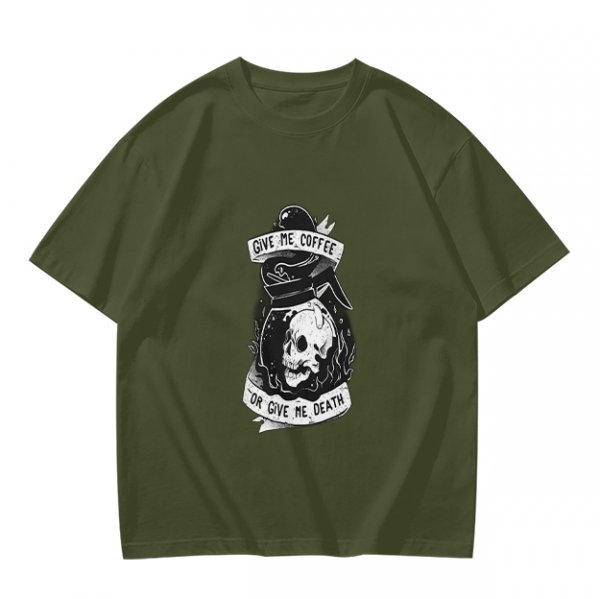 Olive Graphic T-Shirt With Give Me Coffee Or Death Skull Print
