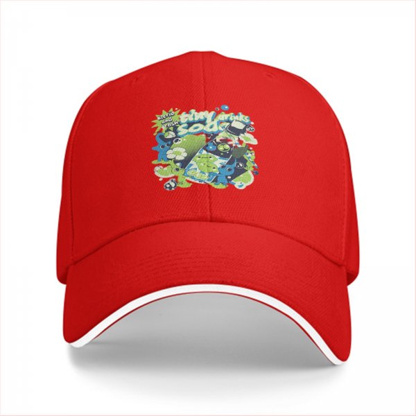 Black baseball cap with tiny drinks soda and alien graphic print