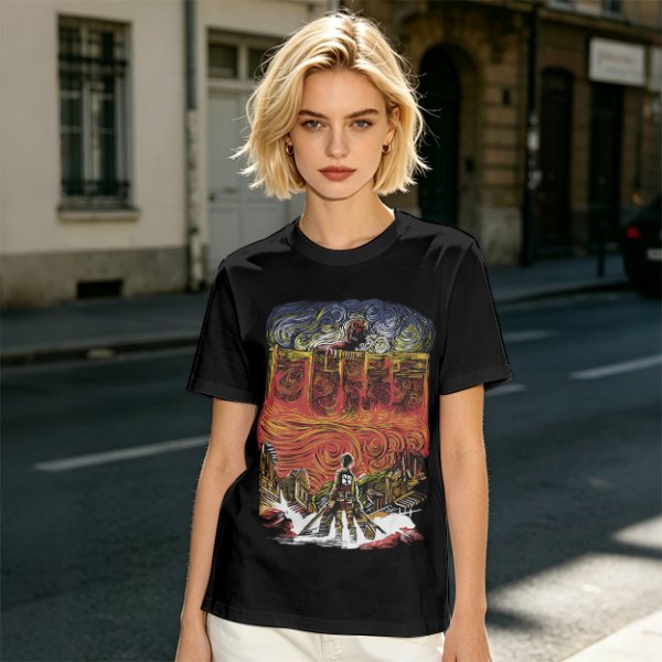 Olive T-shirt with Artistic Swirling Scene Print Featuring a Silhouetted Figure
